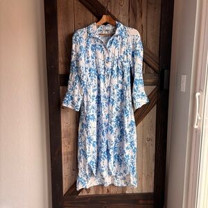 Zara linen white and blue floral button front dress size small